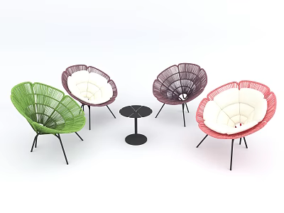 Modern Woven Chair and Table Set with Colorful Design Cushioned Seats and Small Round Table 3d model