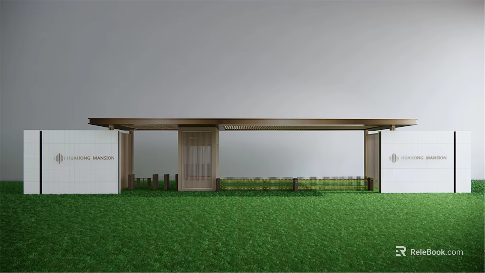 Modern Entrance Gate With Wooden Canopy Green Lawn And Glass Door Design 3d model 