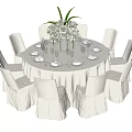 Elegant Round Dining Table With White Chairs Tablecloth Flower Arrangement And Tableware 3d model