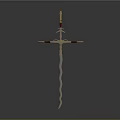 Decorative Weapon With Golden Top Red Accents Curved Hilt And Cross Shaped Design