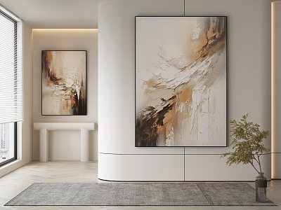 Modern Interior Featuring Abstract Paintings White Console Table Gray Rug And Green Plant 3d model