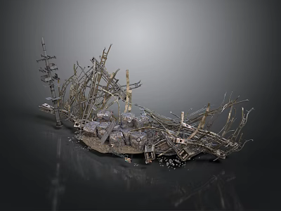 Ancient Shipwreck Remains With Wooden Frames Broken Hull And Metal Parts 3d model