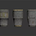 Worn Wooden Barrels With Grayish Distressed Surface Wood Grain And Metal Hoops