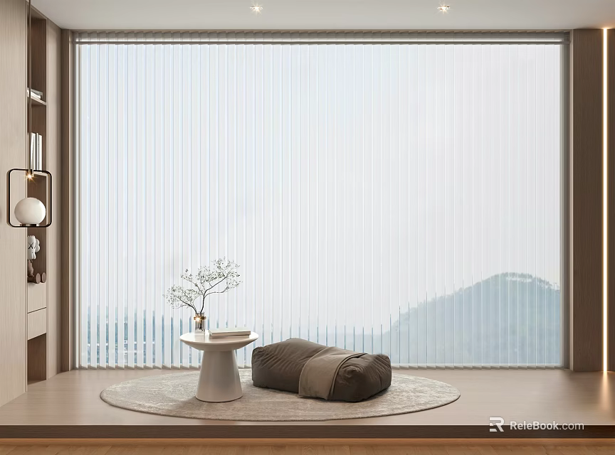 Elegant Vertical Blinds For Living Room Window With Mountain View Small Table And Cozy Cushions 3d model 