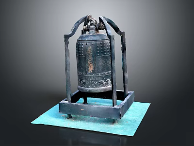 Ancient Musical Instrument Bronze Bell with Intricate Carvings and Metal Stand on Blue Mat 3d model