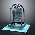 Ancient Musical Instrument Bronze Bell with Intricate Carvings and Metal Stand on Blue Mat