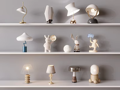 Creative Modern Table Lamps with Various Unique Designs on Shelf 3d model