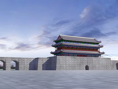 Ancient Architecture City Gate Tower With Multi Story Structure Ornate Eaves And Gray Stone Walls 3d model