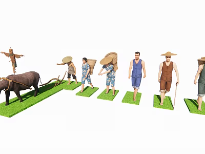 Modern multi-person farming characters plowing fields plowing characters scarecrow buffalo plowing cattle plowing fields 3d model