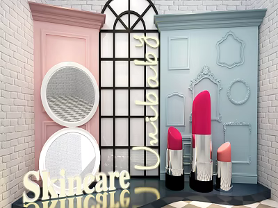 Stylish Background Wall with Colorful Doors Mirrors and Lipstick Decor 3d model