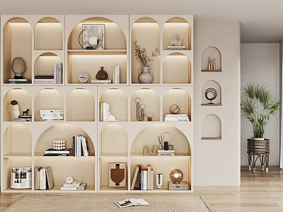 Modern Arched Bookcase With Built in Lighting Decorative Items And Books 3d model
