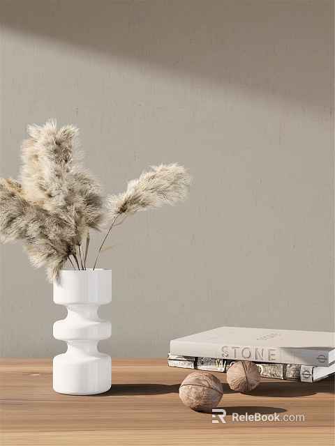 White Vase With Pampas Grass Flowers On Neutral Wall Background Decor 3d model 