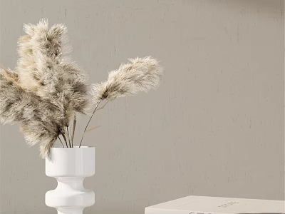 White Vase With Pampas Grass Flowers On Neutral Wall Background Decor 3d model