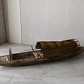 Traditional Wooden Boat With Bamboo Roof Displayed In Modern Indoor Room With Gray Wall