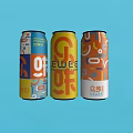 Three Colorful Canned Juice Drinks With Geometric Pattern Designs And Vibrant Labels