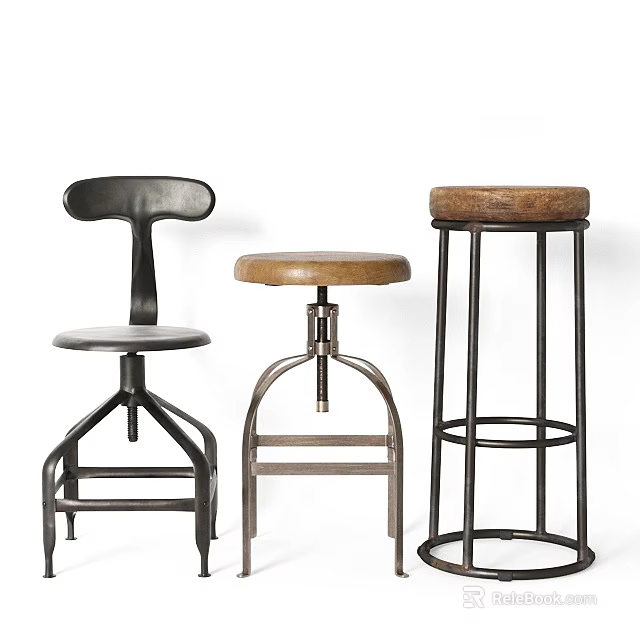 Three Different Design Bar Stools With Metal Frames Leather Seats And Wooden Tops 3d model 