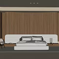 Modern Bedroom Interior With Double Bed Wooden Wall White Headboard And Armchair