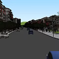 Vibrant Commercial Street With Modern Buildings Parked Cars Green Trees And Pedestrian Walkways