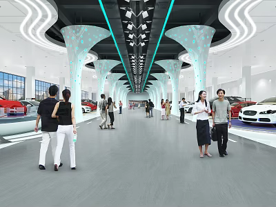 Spacious Modern Car Showroom Interior With Decorative Pillars And People Visiting Vehicles 3d model
