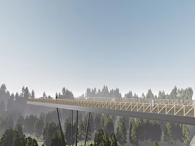 Modern Forest Walkway With Wooden Railings And People Walking In Blue Sky Natural Surroundings 3d model