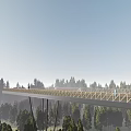 Modern Forest Walkway With Wooden Railings And People Walking In Blue Sky Natural Surroundings