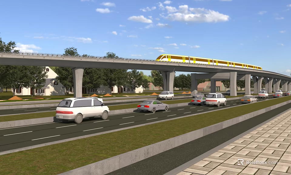 Elevated Bridge with Yellow Train Over Road with Cars Near Trees Houses Under Blue Sky 3d model 
