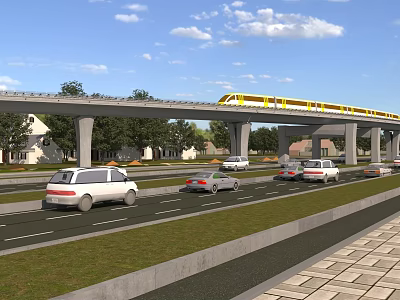 Elevated Bridge with Yellow Train Over Road with Cars Near Trees Houses Under Blue Sky 3d model