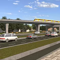Elevated Bridge with Yellow Train Over Road with Cars Near Trees Houses Under Blue Sky
