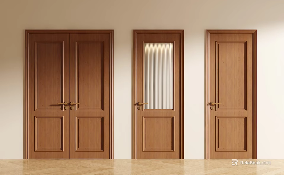 Wooden Double Doors With Single Doors In Modern Interior Design 3d model