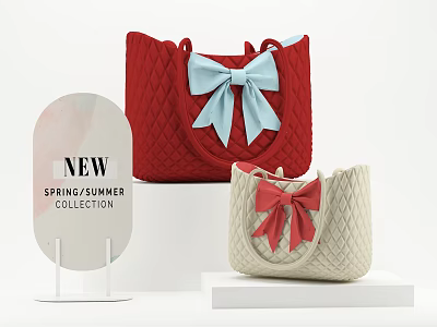 New Spring Summer Collection Quilted Bow Decorated Red And Beige Tote Bags 3d model