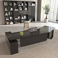 Black Modern Office Desk With Laptop And Small Potted Plant Near Bookshelf And Beige Chair