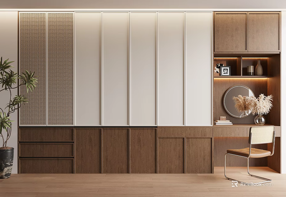 Modern Wardrobe Interior Design With Wooden Cabinets White Doors And Side Chair 3d model 