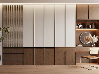 Modern Wardrobe Interior Design With Wooden Cabinets White Doors And Side Chair 3d model
