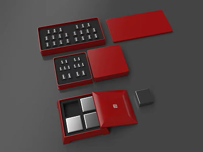 Decorative Ornament Set With Red Open Closed Boxes And Black Display Pieces 3d model