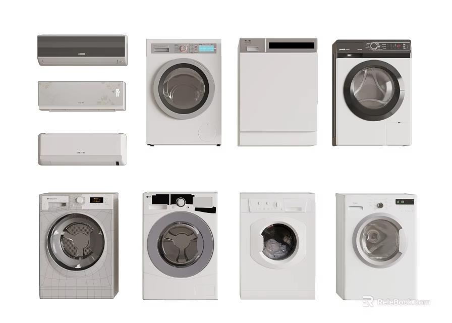 Various Front Loading Washing Machines With Modern Home Appliance Designs 3d model