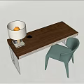 Modern Wooden Desk With Transparent Glass Legs White Lampshade And Green Woven Chair
