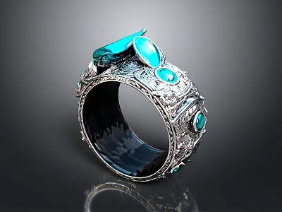 Elegant Silver Ring Featuring Blue Gemstones Intricate Carvings And Decorative Elements 3d model