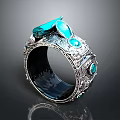Elegant Silver Ring Featuring Blue Gemstones Intricate Carvings And Decorative Elements