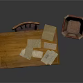 Wooden Desk And Chair With Papers On Top And Woven Trash Bin In Study Area