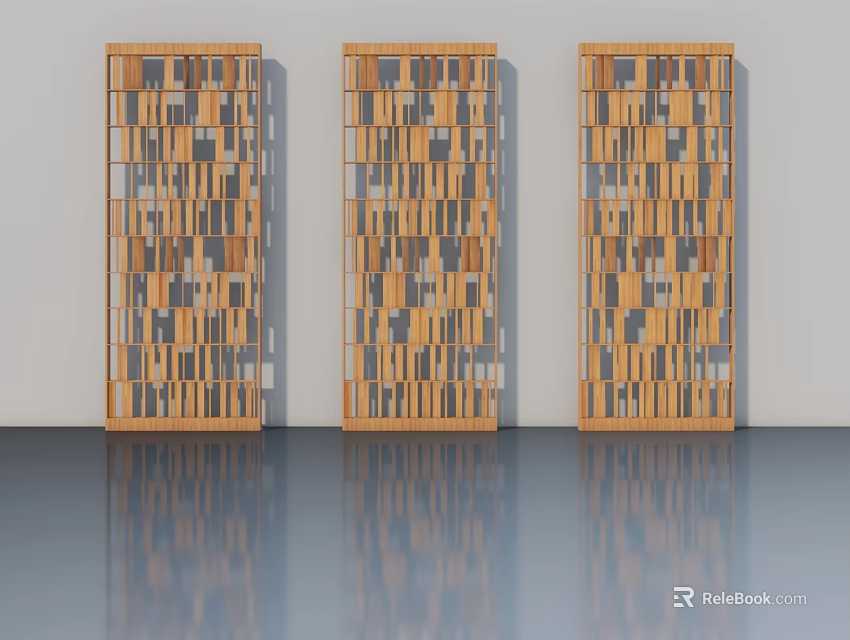 Wooden Hinged Doors with Geometric Carved Patterns Three Panel Design for Modern Interior 3d model 