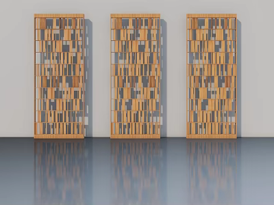 Wooden Hinged Doors with Geometric Carved Patterns Three Panel Design for Modern Interior 3d model