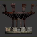 Red Wooden Decorative Structure With Lattice Design And Stone Pedestal Base