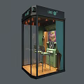 Enclosed Public Booth With Glass Walls Green Bar Counter Chairs Ceiling Lights LOGO Sign