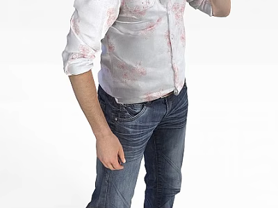 A Man In White Shirt With Pink Patterns And Rolled Up Sleeves Wearing Blue Jeans Standing 3d model