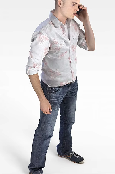 A Man In White Shirt With Pink Patterns And Rolled Up Sleeves Wearing Blue Jeans Standing 3d model