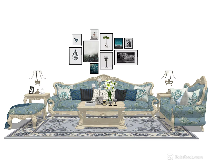 Elegant Modern Sofa Coffee Table Set With Decorative Wall Art Table Lamps And Throw Pillows 3d model