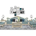 Elegant Modern Sofa Coffee Table Set With Decorative Wall Art Table Lamps And Throw Pillows 3d model