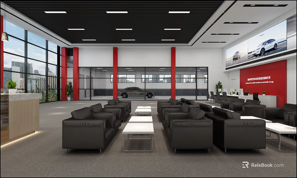 Spacious Service Hall With Black Leather Sofas White Coffee Tables Red Columns And Large Windows 3d model 