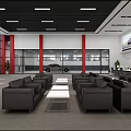 Spacious Service Hall With Black Leather Sofas White Coffee Tables Red Columns And Large Windows