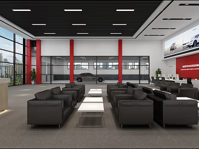 Spacious Service Hall With Black Leather Sofas White Coffee Tables Red Columns And Large Windows 3d model